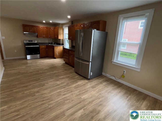 565 Moorestown Dr, Moore Twp, PA 18014 - kitchen featuring appliances with stainless steel finishes, under cabinet range hood, light wood-style flooring, recessed lighting, and dark countertops