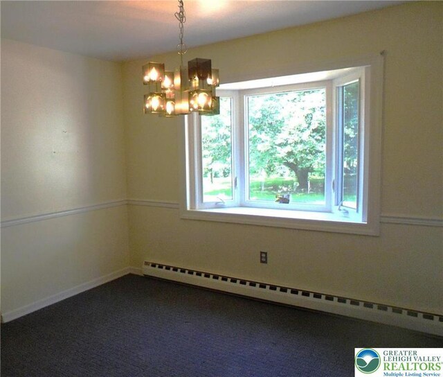 2546 Wehr Mill Rd, South Whitehall Twp, PA 18069 - unfurnished room with a baseboard radiator, a chandelier, and dark colored carpet