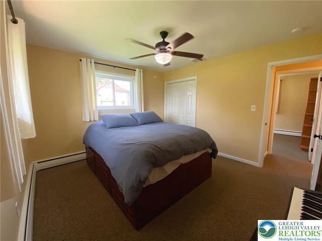3111 Pheasant Dr, Moore Twp, PA 18067 - carpeted bedroom with baseboard heating, a closet, a baseboard heating unit, and ceiling fan