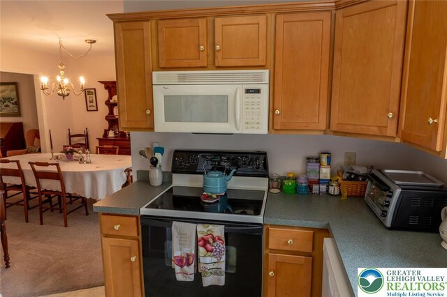104 Garden Ct, Emmaus Boro, PA 18049 - kitchen with white microwave, black / electric stove, a chandelier, light carpet, and brown cabinetry