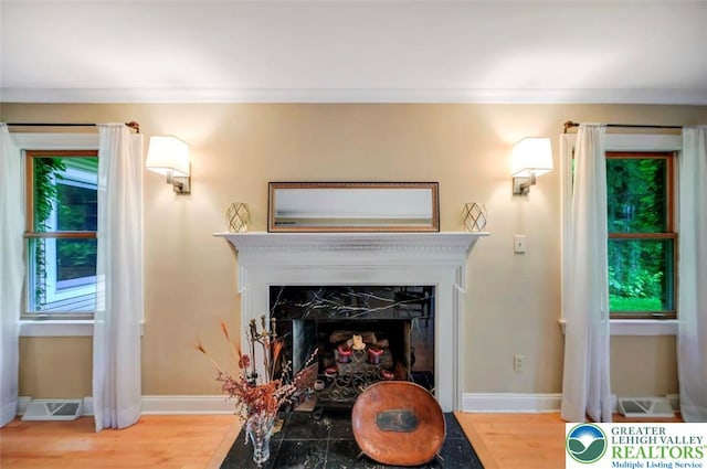 938 Meadow Cir, Bethlehem City, PA 18017 - detailed view of wood finished floors, a fireplace, and crown molding