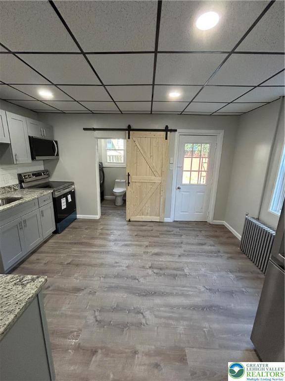 230 White St, Lehighton Boro, PA 18235 - kitchen featuring stainless steel appliances, a barn door, healthy amount of natural light, light wood-style floors, and a drop ceiling