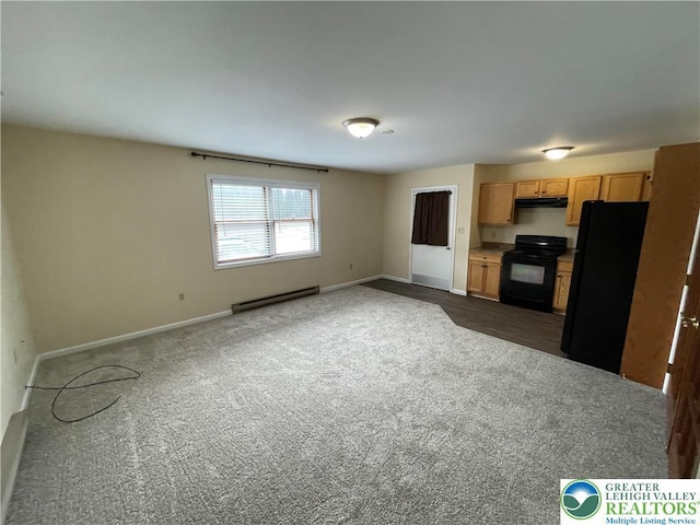 1295 Bunny Ln, Chestnuthill Twp, PA 18322 - kitchen with black appliances, a baseboard heating unit, under cabinet range hood, and dark carpet