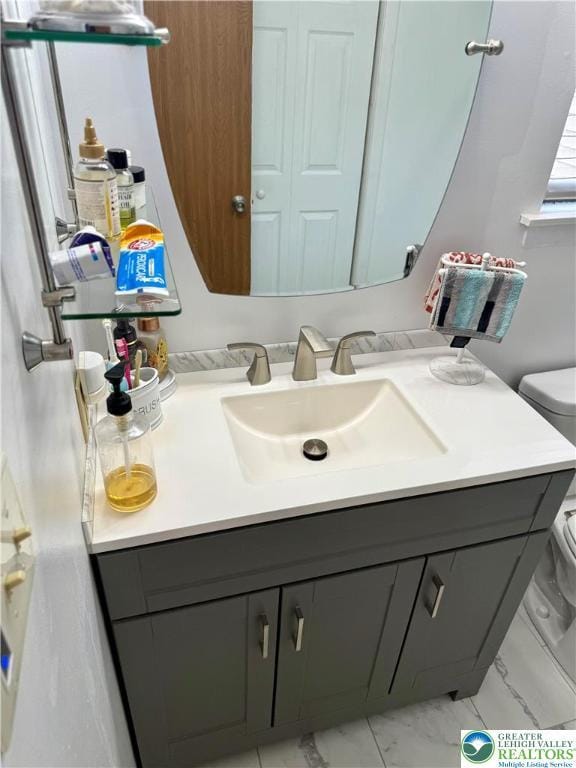 3353 Windermere Dr, Lehman Twp, PA 18324 - half bath featuring vanity and marble look tiles