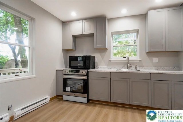 226 Fern St, Jim Thorpe Boro, PA 18229 - kitchen featuring a baseboard heating unit, gray cabinetry, stainless steel range with electric stovetop, baseboard heating, and light wood finished floors
