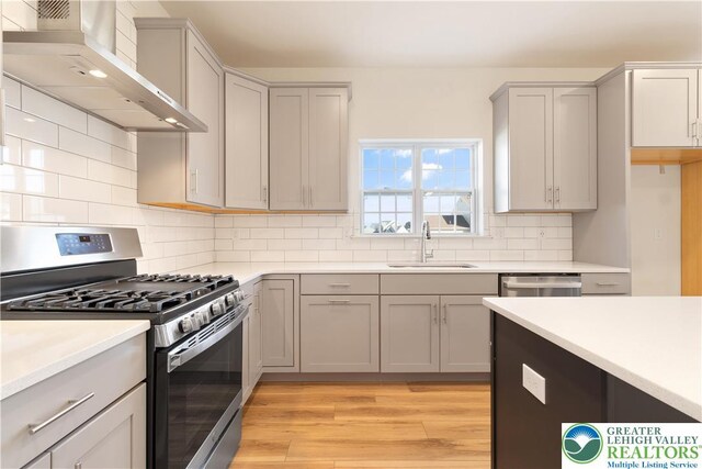 77 Tumble Creek Rd Unit 14, Williams Twp, PA 18042 - kitchen featuring stainless steel appliances, wall chimney range hood, and gray cabinets