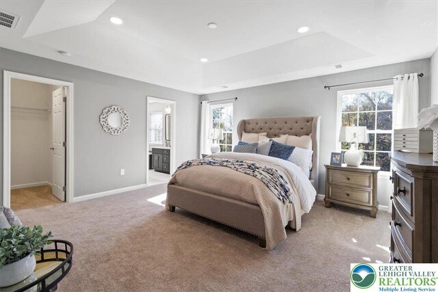 77 Tumble Creek Rd Unit 14, Williams Twp, PA 18042 - bedroom featuring a raised ceiling, light carpet, a walk in closet, recessed lighting, and ensuite bathroom