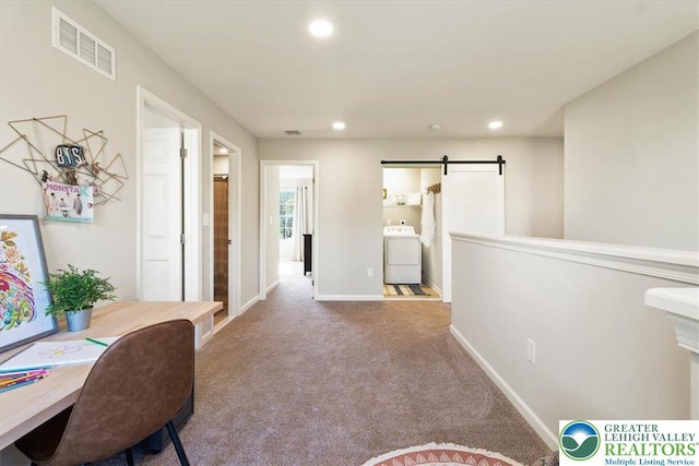 77 Tumble Creek Rd Unit 14, Williams Twp, PA 18042 - office area with washer / clothes dryer, a barn door, recessed lighting, and carpet flooring