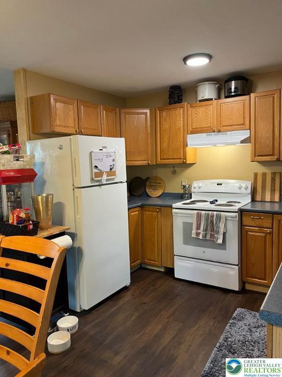 1007 Calypso, Wayne, PA 18436 - kitchen with white appliances, under cabinet range hood, dark countertops, and dark wood-style floors