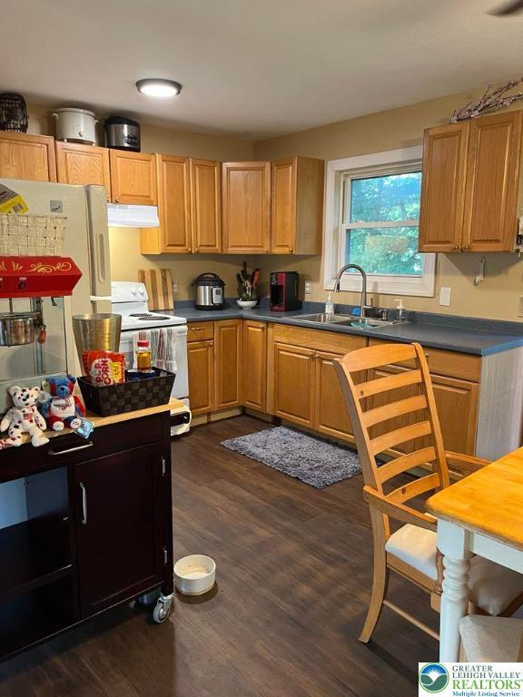 1007 Calypso, Wayne, PA 18436 - kitchen featuring electric range, under cabinet range hood, dark wood-style flooring, and dark countertops
