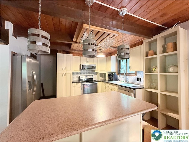 193 Canterbury Rd, Lehman Twp, PA 18324 - kitchen featuring stainless steel appliances, a wood ceiling with exposed beams, decorative backsplash, decorative light fixtures, and open shelves