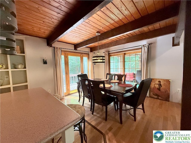 193 Canterbury Rd, Lehman Twp, PA 18324 - dining space featuring a wood ceiling with exposed beams, light wood-style flooring, and plenty of natural light