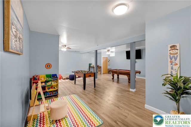 672 Clearview St, Tobyhanna Twp, PA 18334 - playroom featuring ceiling fan, billiards, and light wood-style flooring