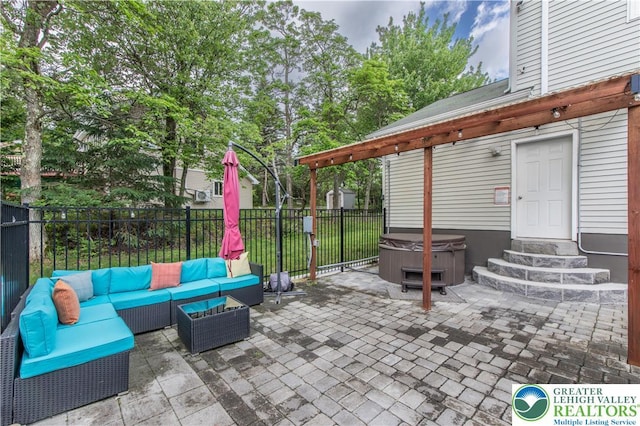 672 Clearview St, Tobyhanna Twp, PA 18334 - view of patio / terrace featuring a hot tub, an outdoor hangout area, and entry steps