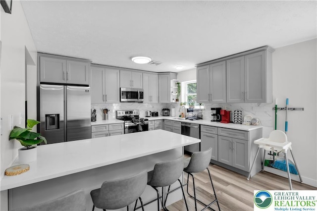 672 Clearview St, Tobyhanna Twp, PA 18334 - kitchen featuring stainless steel appliances, gray cabinets, a kitchen breakfast bar, and a peninsula