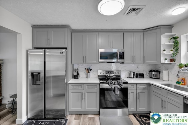 672 Clearview St, Tobyhanna Twp, PA 18334 - kitchen with appliances with stainless steel finishes, gray cabinetry, open shelves, and a textured ceiling