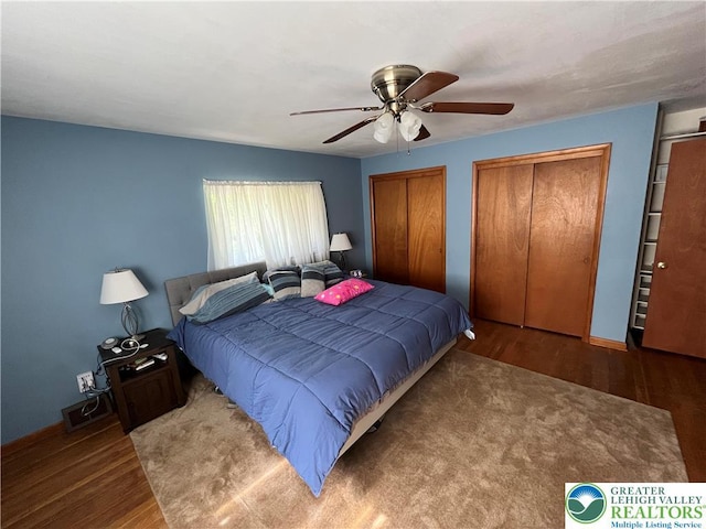 1321 Sheridan Rd, Lower Milford Twp, PA 18036 - bedroom featuring two closets, wood finished floors, and ceiling fan