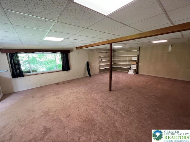 1321 Sheridan Rd, Lower Milford Twp, PA 18036 - basement with a drop ceiling, concrete block wall, and carpet flooring
