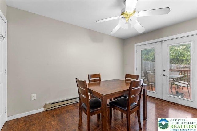 2233 Fox Run, Wilson Boro, PA 18042 - dining area with french doors, baseboard heating, wood finished floors, and a ceiling fan