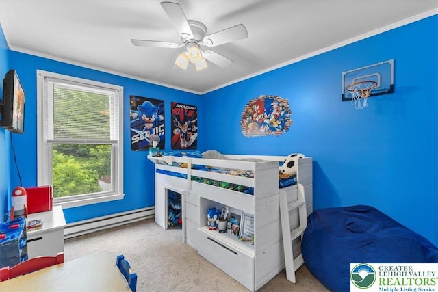 2233 Fox Run, Wilson Boro, PA 18042 - bedroom with a baseboard heating unit, carpet, crown molding, and ceiling fan