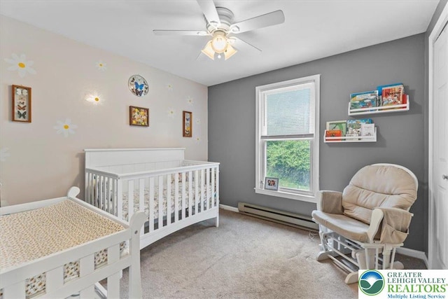 2233 Fox Run, Wilson Boro, PA 18042 - carpeted bedroom featuring baseboard heating, a crib, and a ceiling fan