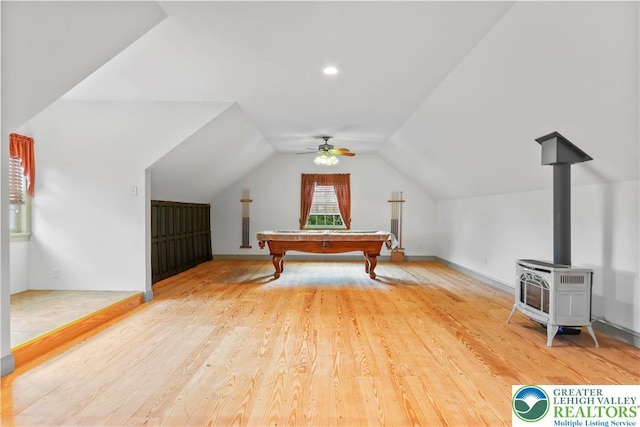 6513 Station Vw, Upper Milford Twp, PA 18092 - recreation room with wood finished floors, lofted ceiling, billiards table, ceiling fan, and heating unit