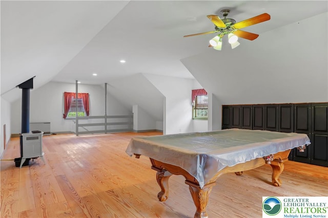 6513 Station Vw, Upper Milford Twp, PA 18092 - playroom featuring lofted ceiling, light wood-type flooring, ceiling fan, recessed lighting, and billiards