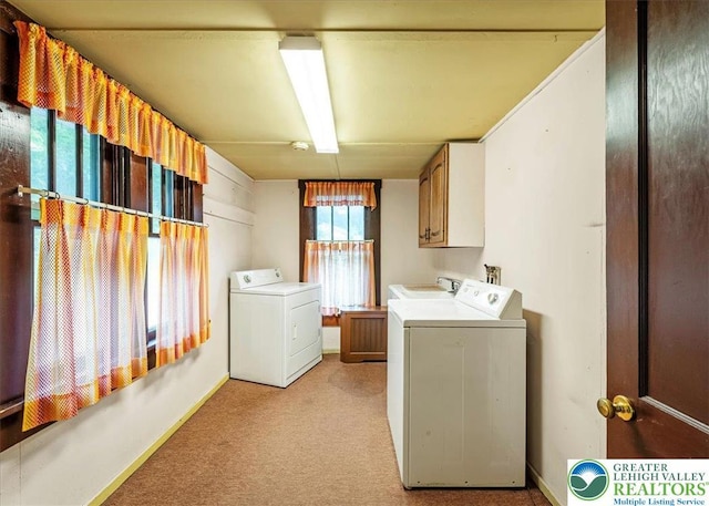 2834 Interchange Rd, Franklin Twp, PA 18235 - laundry area with independent washer and dryer, light colored carpet, and cabinet space