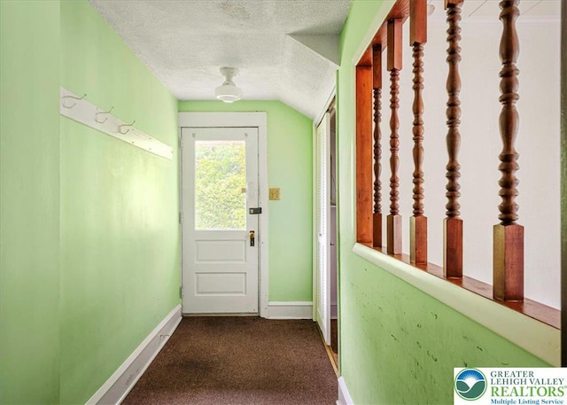 2834 Interchange Rd, Franklin Twp, PA 18235 - doorway to outside with a textured ceiling, lofted ceiling, and carpet floors