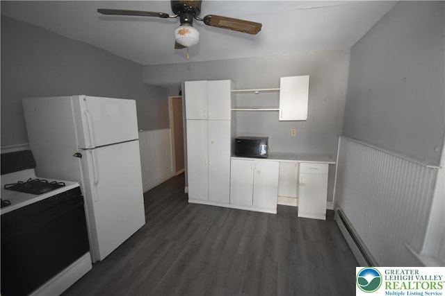 817 Ridge St, Easton, PA 18042 - kitchen featuring range with gas stovetop, wainscoting, a ceiling fan, open shelves, and dark wood-style floors