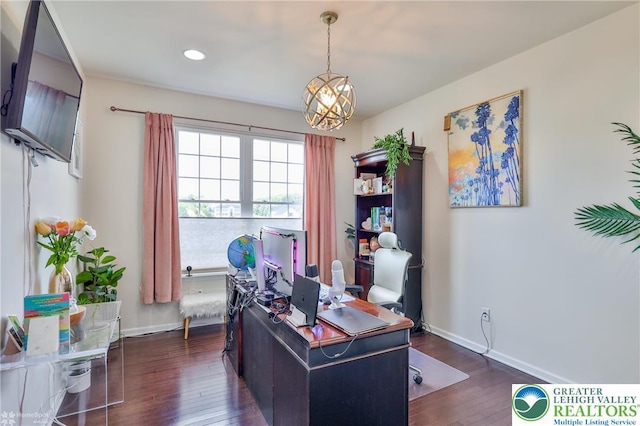249 Danbury Dr, Upper Nazareth Twp, PA 18064 - office area featuring dark wood-type flooring, a chandelier, and recessed lighting