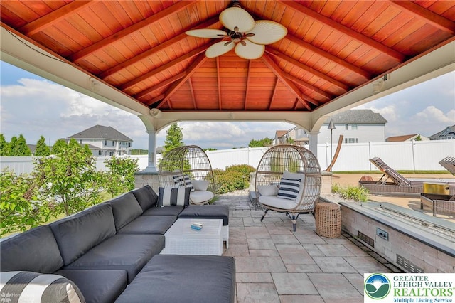 249 Danbury Dr, Upper Nazareth Twp, PA 18064 - fenced backyard with a gazebo, an outdoor living space, a patio, and ceiling fan