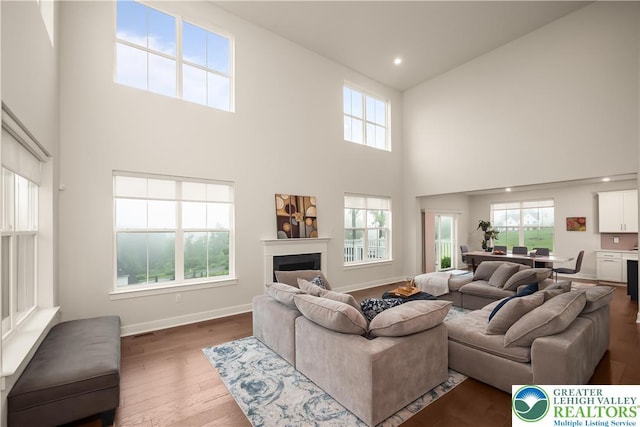 5635 Saucon Ridge Rd, Upper Saucon Twp, PA 18036 - living area featuring a high ceiling, wood-type flooring, plenty of natural light, a fireplace, and recessed lighting