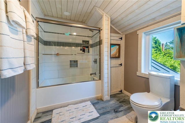 1488 Shelburne Ct, South Whitehall Twp, PA 18104 - full bathroom with shower / bath combination with glass door, wood ceiling, and lofted ceiling