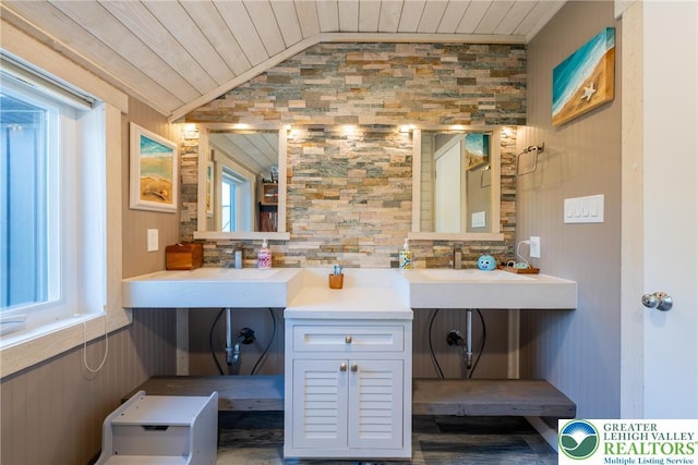 1488 Shelburne Ct, South Whitehall Twp, PA 18104 - bathroom featuring wooden ceiling, lofted ceiling, wood walls, and backsplash