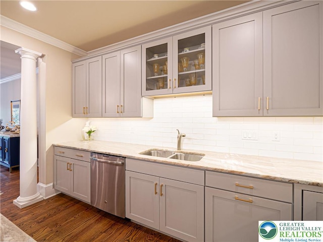 2063 Forge Run, Bethlehem City, PA 18015 - kitchen featuring stainless steel dishwasher, ornate columns, crown molding, dark wood-type flooring, and gray cabinets