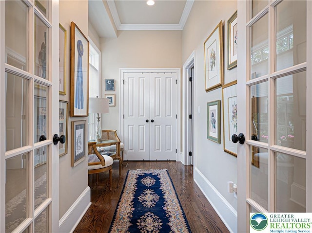 2063 Forge Run, Bethlehem City, PA 18015 - entrance foyer with french doors, ornamental molding, dark wood-style flooring, and healthy amount of natural light