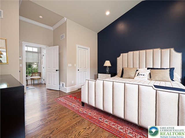 2063 Forge Run, Bethlehem City, PA 18015 - bedroom featuring high vaulted ceiling, wood finished floors, crown molding, and recessed lighting