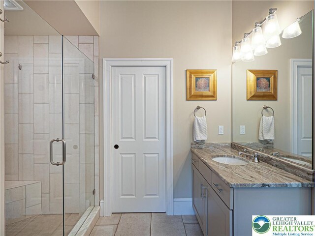 2063 Forge Run, Bethlehem City, PA 18015 - bathroom with a shower stall, vanity, and tile patterned floors