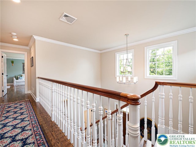 2063 Forge Run, Bethlehem City, PA 18015 - hallway featuring crown molding, wood finished floors, and an upstairs landing
