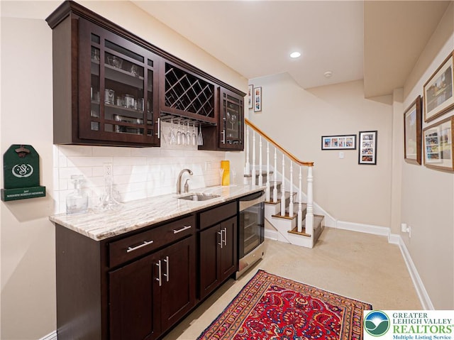 2063 Forge Run, Bethlehem City, PA 18015 - indoor wet bar with wine cooler, tasteful backsplash, stairs, recessed lighting, and light colored carpet