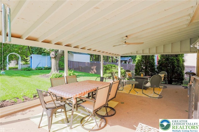 4306 Emerick Ter, Easton, PA 18045 - fenced backyard featuring outdoor dining space, a patio, and a ceiling fan