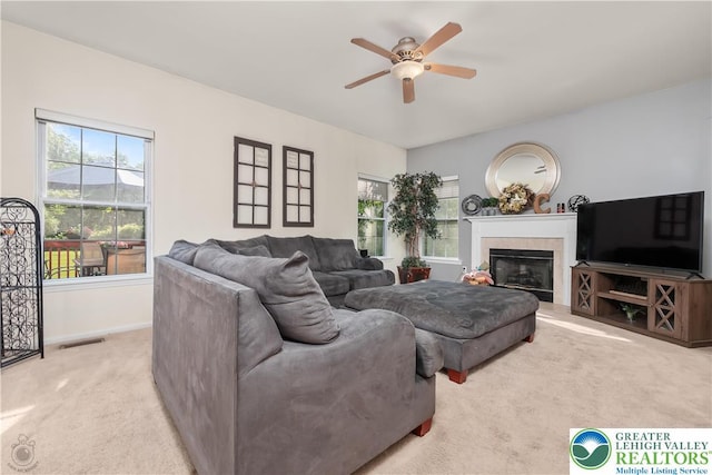 1989 Strathmore Dr, Macungie Boro, PA 18062 - carpeted living area with a ceiling fan and a glass covered fireplace