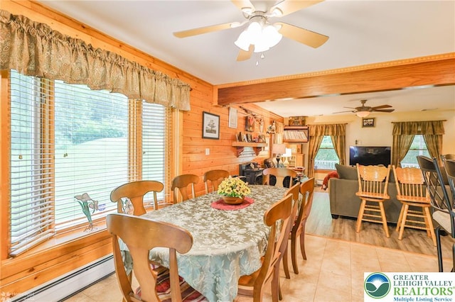 142 Hickory Ln, Chestnuthill Twp, PA 18353 - dining space featuring baseboard heating, ceiling fan, light tile patterned floors, and wooden walls