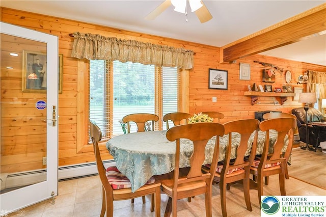 142 Hickory Ln, Chestnuthill Twp, PA 18353 - dining area featuring wooden walls and a ceiling fan