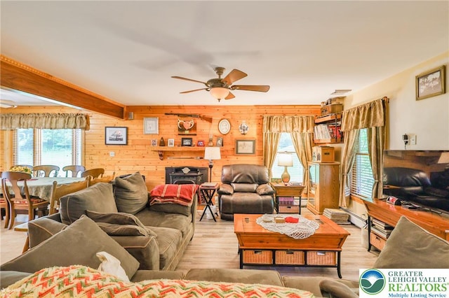 142 Hickory Ln, Chestnuthill Twp, PA 18353 - living room featuring a ceiling fan, wood finished floors, and wood walls