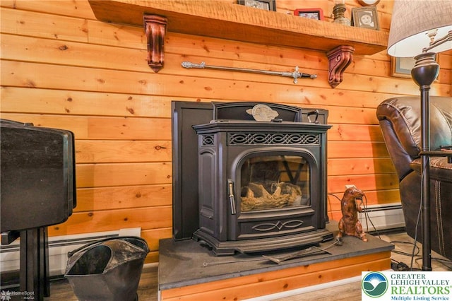 142 Hickory Ln, Chestnuthill Twp, PA 18353 - detailed view of wood walls, a wood stove, and wood finished floors