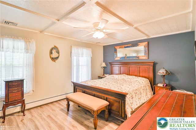 142 Hickory Ln, Chestnuthill Twp, PA 18353 - bedroom with a baseboard heating unit, coffered ceiling, light wood finished floors, and a ceiling fan