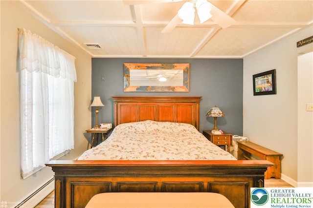 142 Hickory Ln, Chestnuthill Twp, PA 18353 - bedroom featuring a baseboard radiator, wood finished floors, coffered ceiling, and a ceiling fan