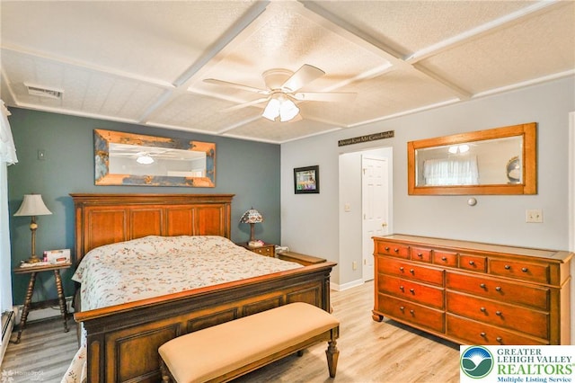 142 Hickory Ln, Chestnuthill Twp, PA 18353 - bedroom featuring light wood-style flooring, coffered ceiling, and a ceiling fan